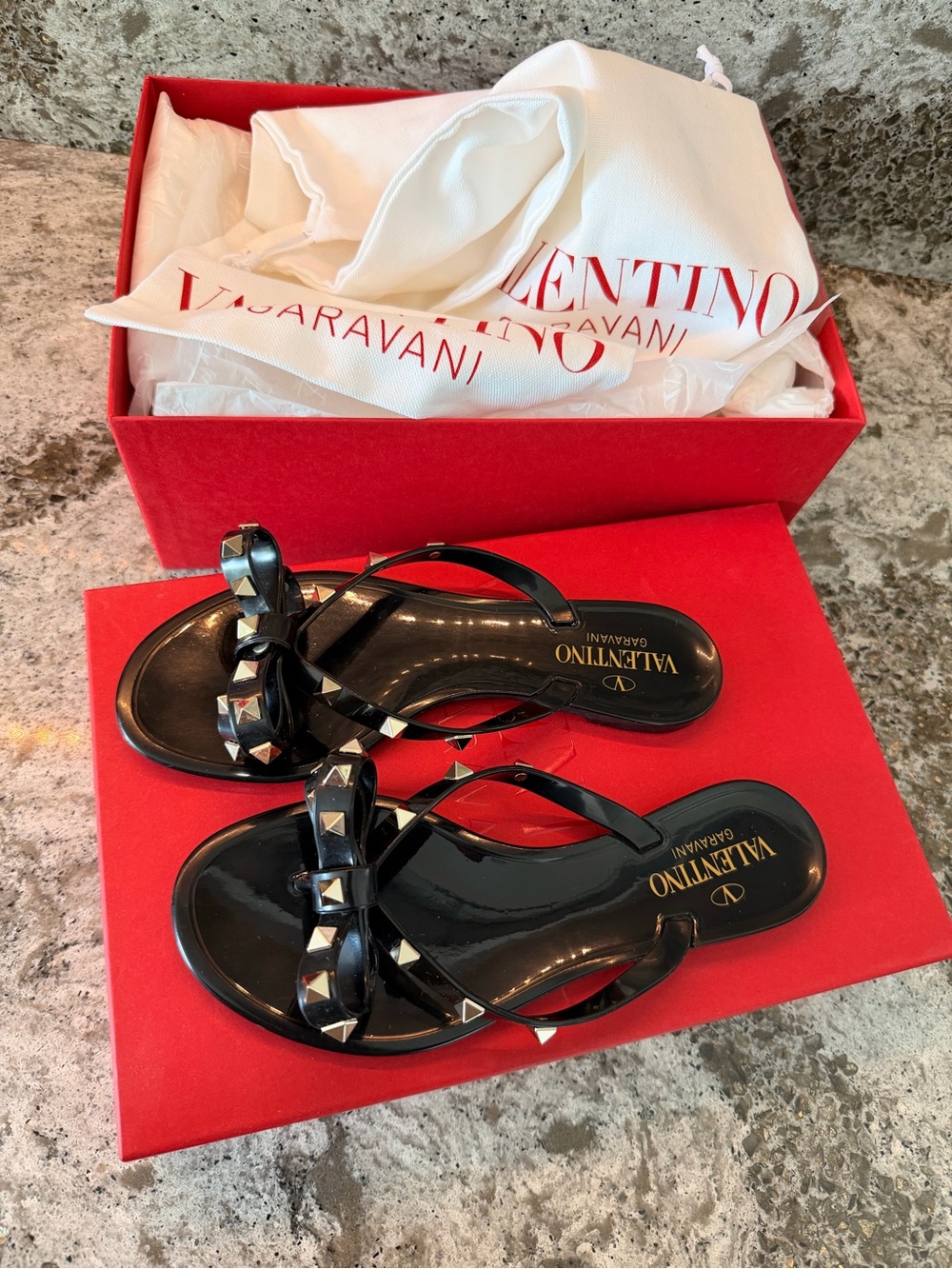 Valentino Garavani Black Rockstud Jelly Thong Sandals with Pyramid Studs